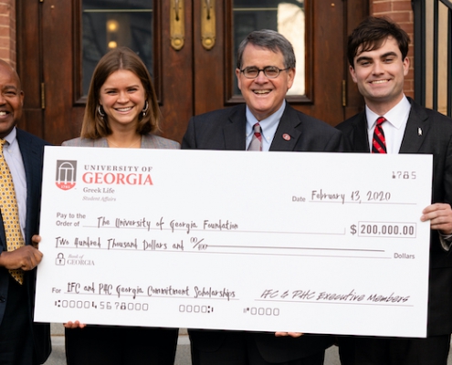 Pictured, L to R: Victor K. Wilson, vice president of student affairs; Jennings Brooks, UGA Panhellenic Council president; Jere W. Morehead, UGA president; Brennan Cox, UGA Interfraternity Council president; Kelly Kerner, vice president for development and alumni relations